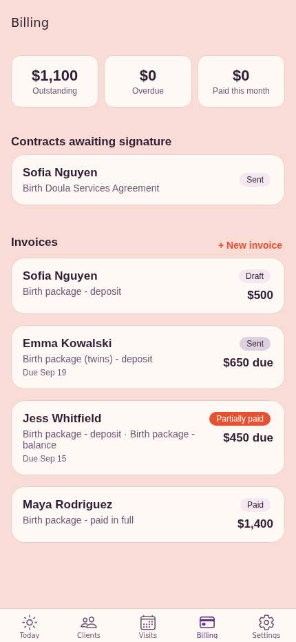 HeyDoula billing with invoices and payment links