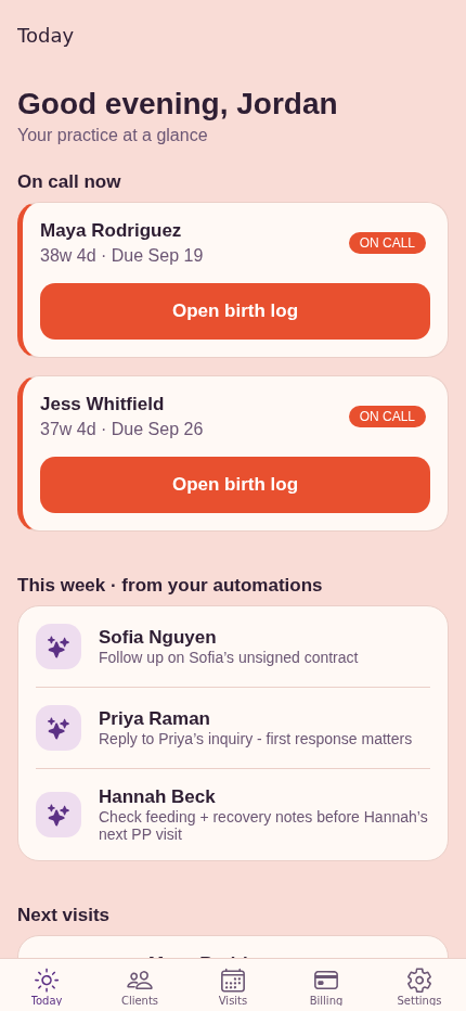 The HeyDoula Today screen showing on-call clients